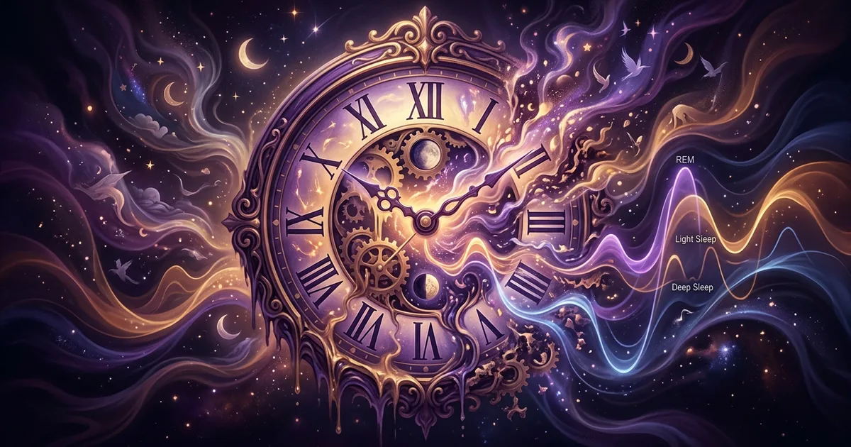 Clock surrounded by disrupted sleep cycles and dream symbols in purple and amber tones