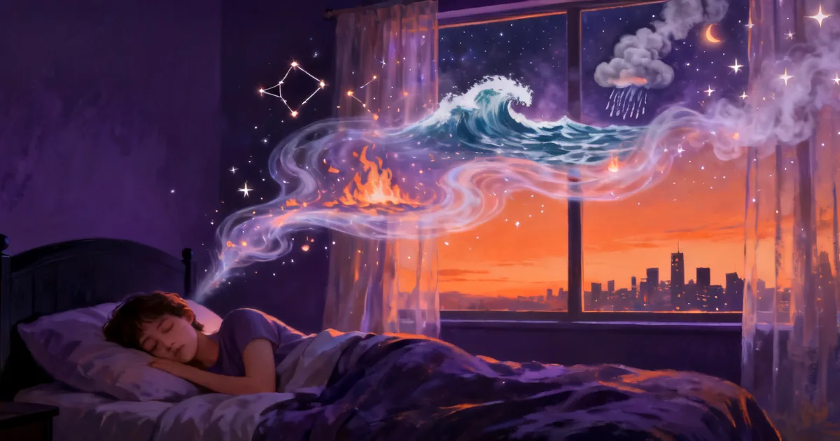 Sleeping person with a dream of a wave, flames and a rain cloud unfurling above the bed
