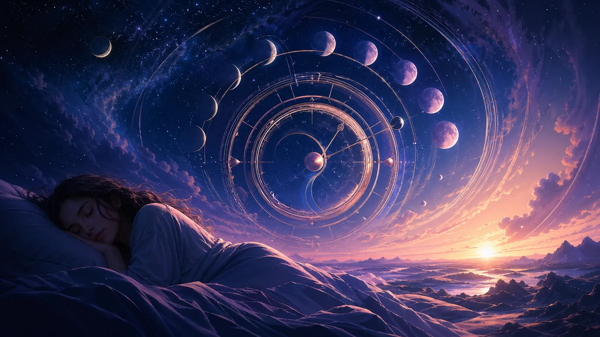 Clock surrounded by disrupted sleep cycles and dream symbols in purple and amber tones