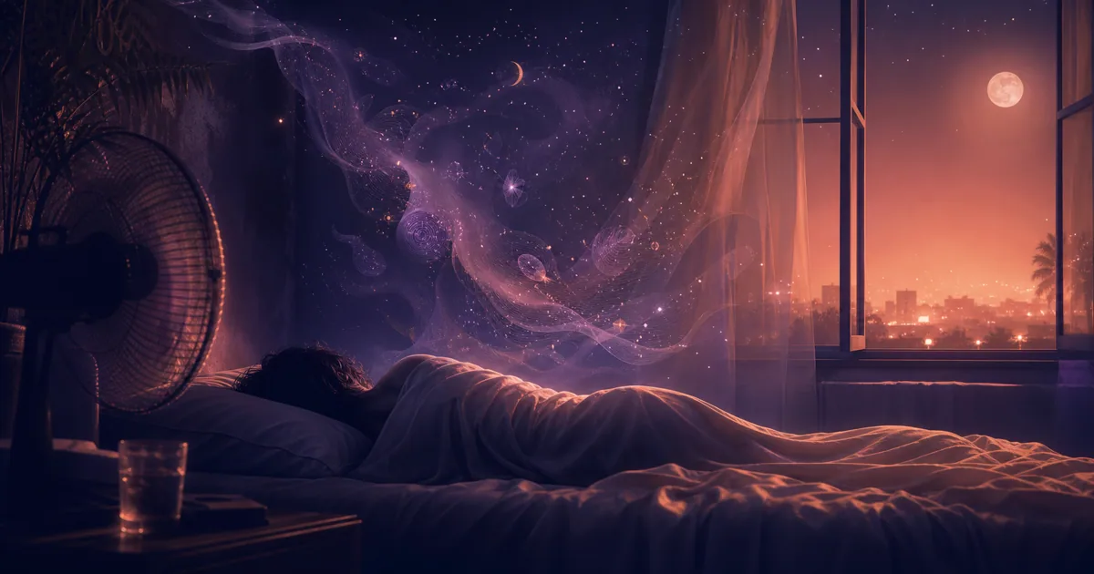 Hot bedroom at night with dream fragments above the bed