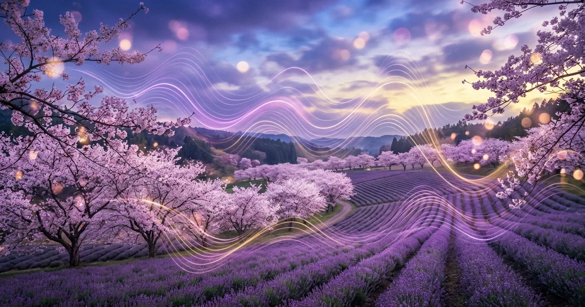 Dreamlike spring landscape with disrupted circadian light waves in violet and golden tones