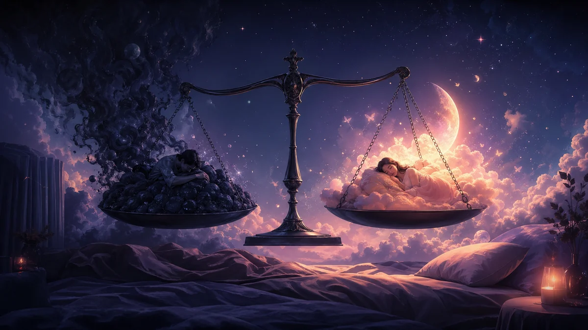 Exhausted figure surrounded by accumulating sleep debt symbols in deep blue and violet tones