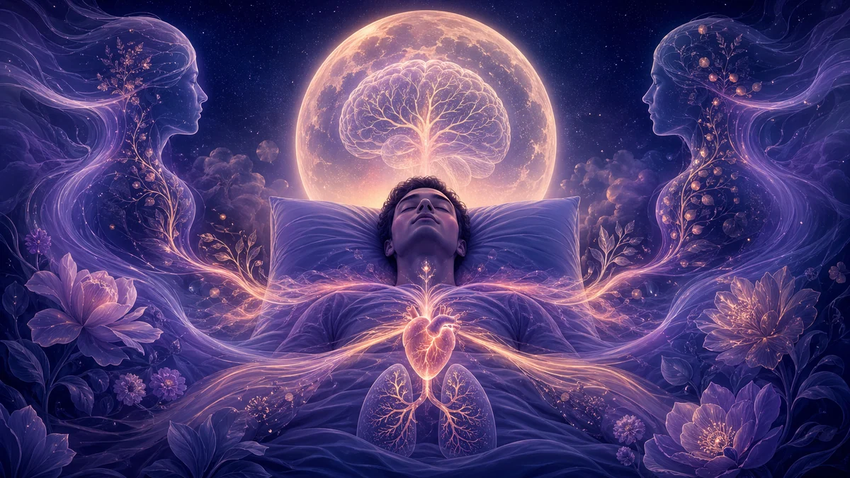 Human silhouette with glowing brain surrounded by health indicators with sleep as dominant element