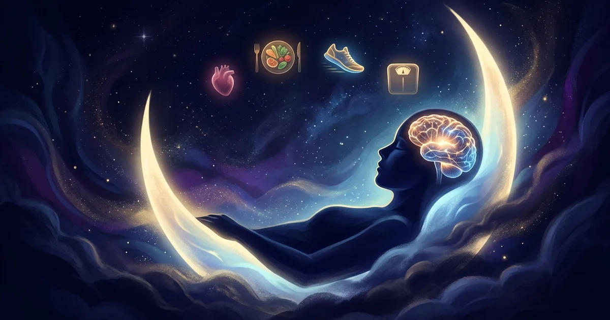 Human silhouette with glowing brain surrounded by health indicators with sleep as dominant element