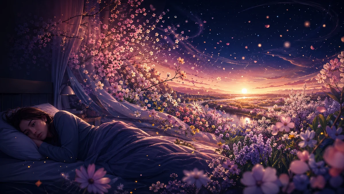 Dreamlike spring landscape with disrupted circadian light waves in violet and golden tones