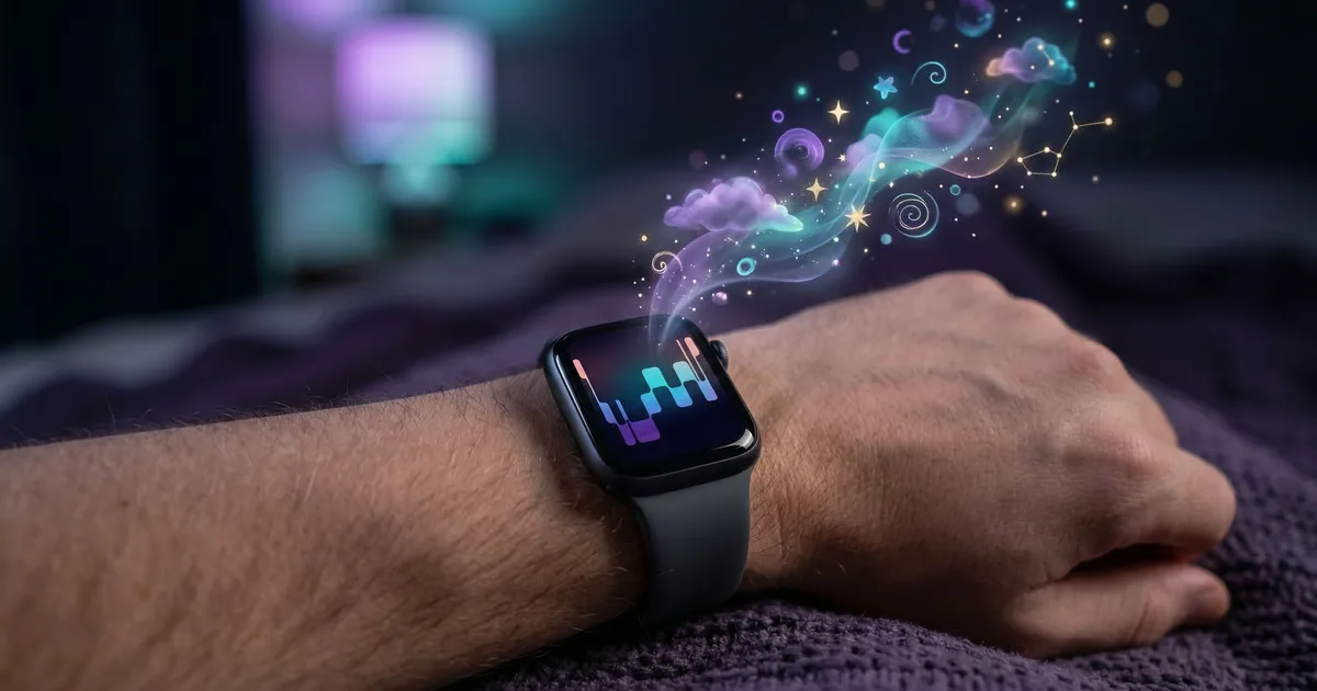Wrist wearing a smartwatch displaying sleep data alongside ethereal dream fragments