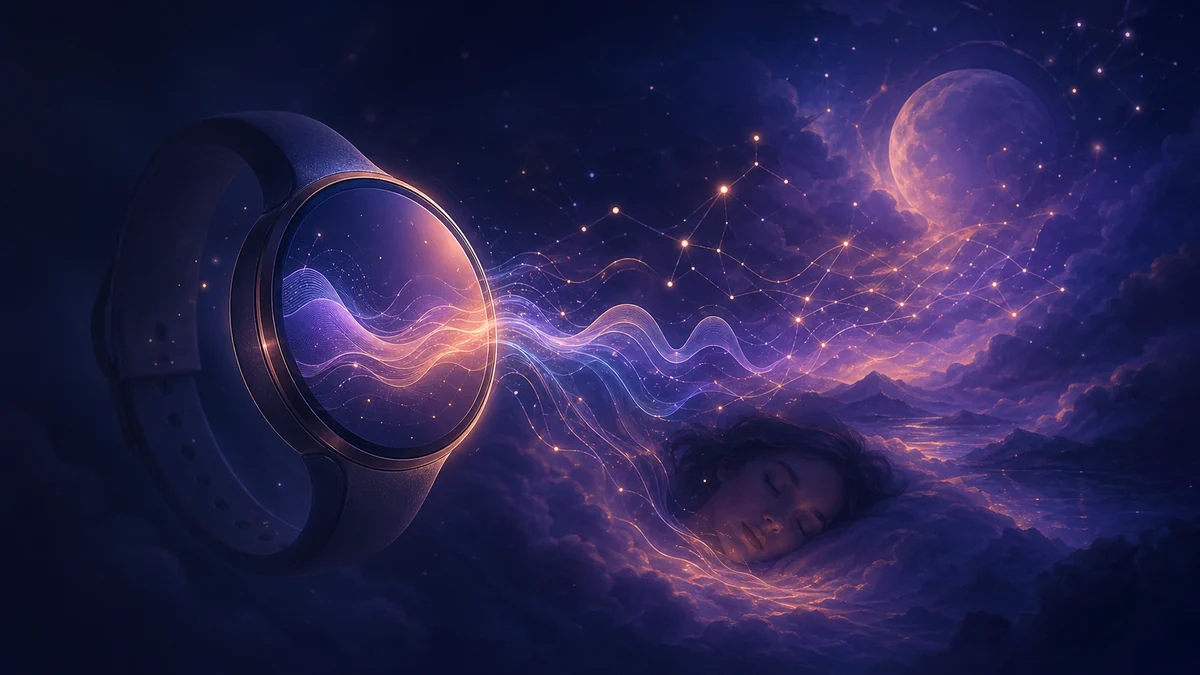 Wrist wearing a smartwatch displaying sleep data alongside ethereal dream fragments