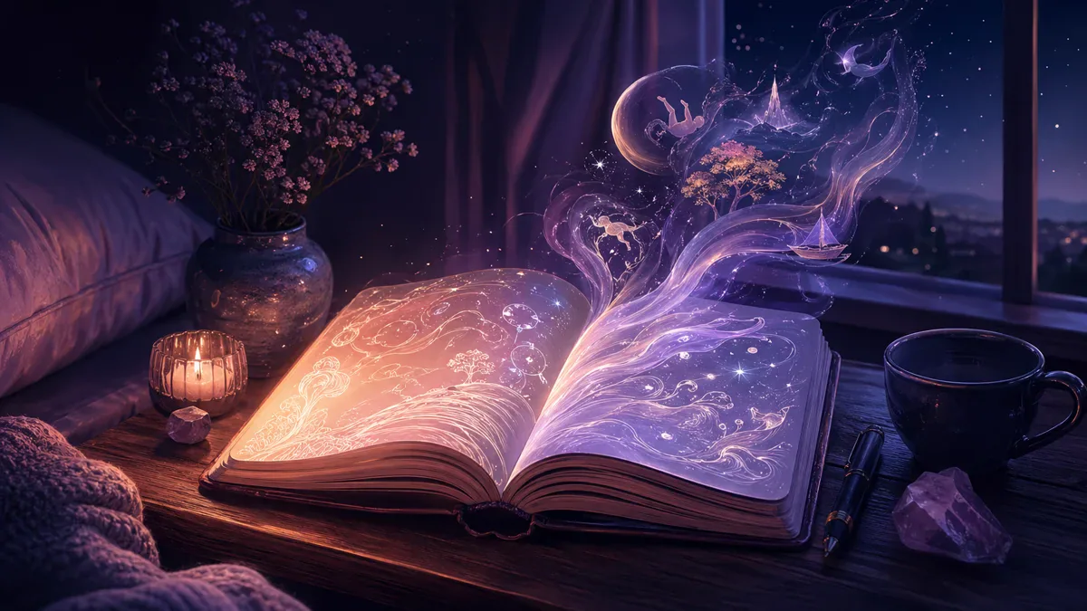 An open dream journal glowing softly on a bedside table