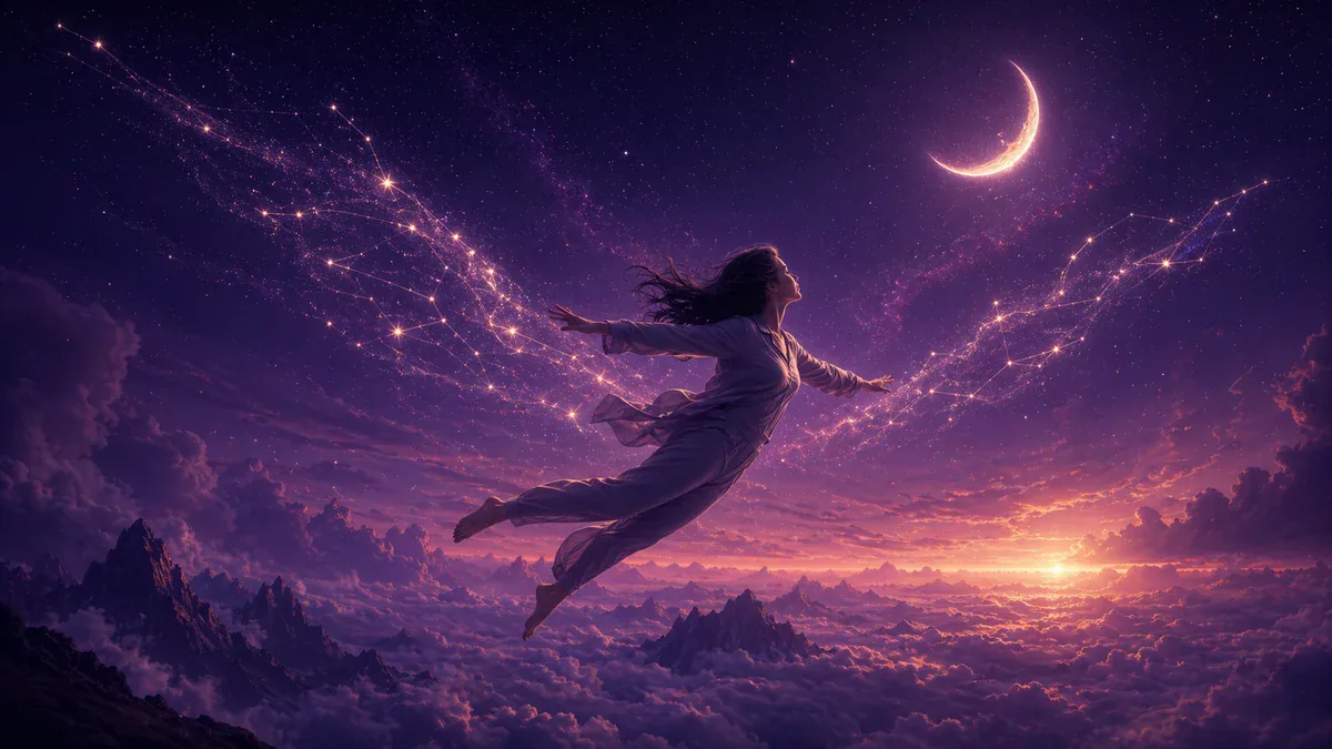 A person flying freely across a luminous purple night sky