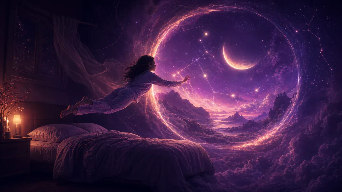 A dreamer floating from bed into a luminous surreal landscape