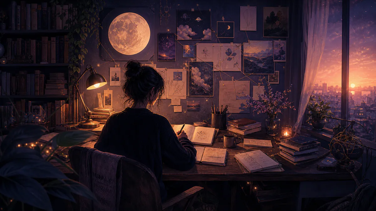 Dreamlike editorial illustration for About Noctalia