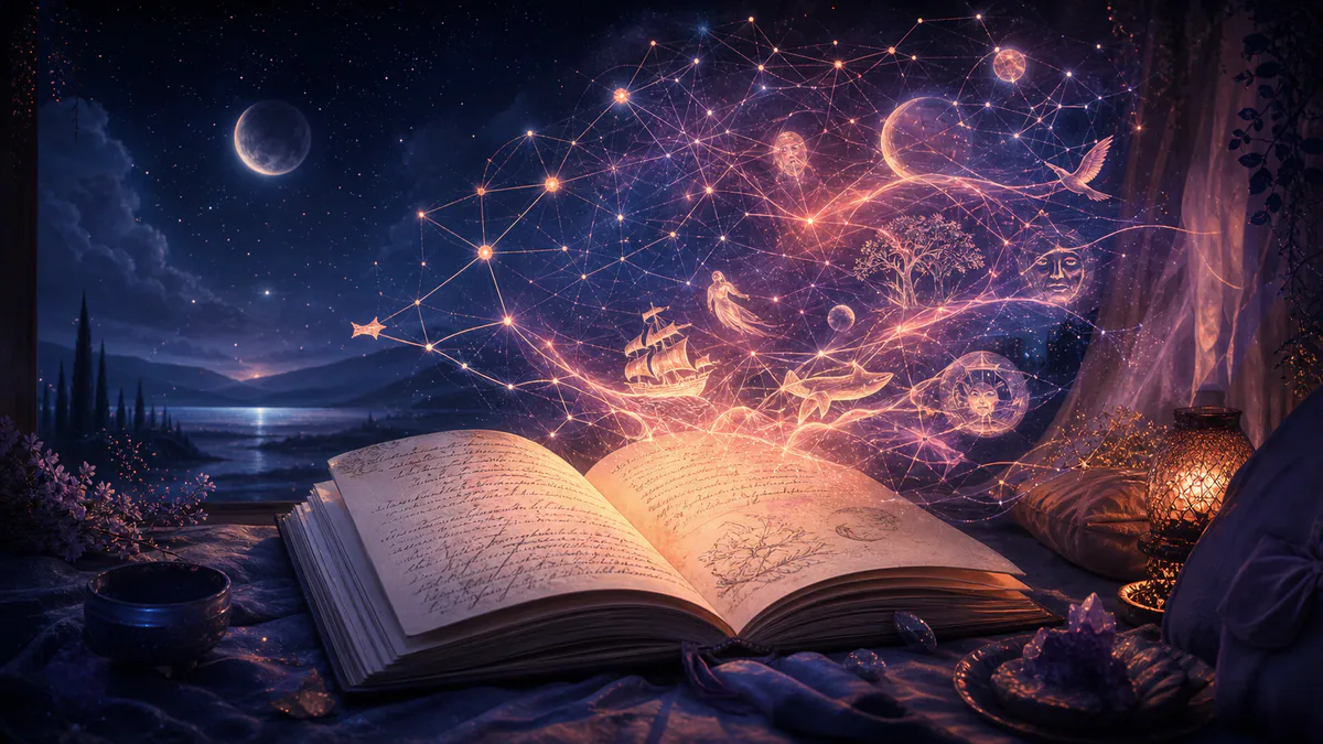 Dreamlike editorial illustration for AI Dream Interpretation App for Android