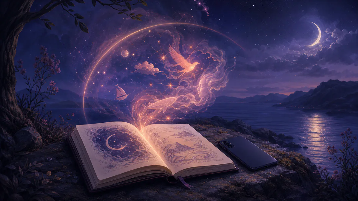 Dreamlike editorial illustration for Android Dream Analysis App