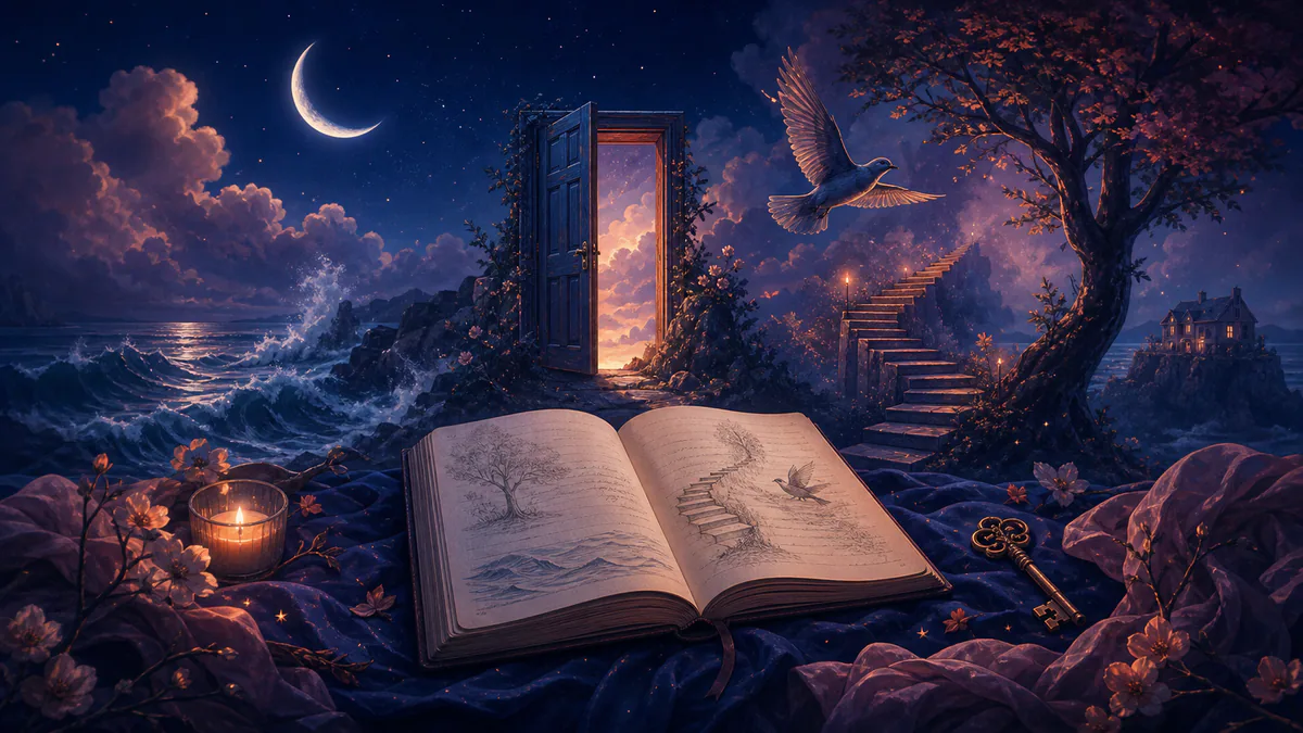 Dreamlike editorial illustration for Most common dream symbols: 20 meanings with examples