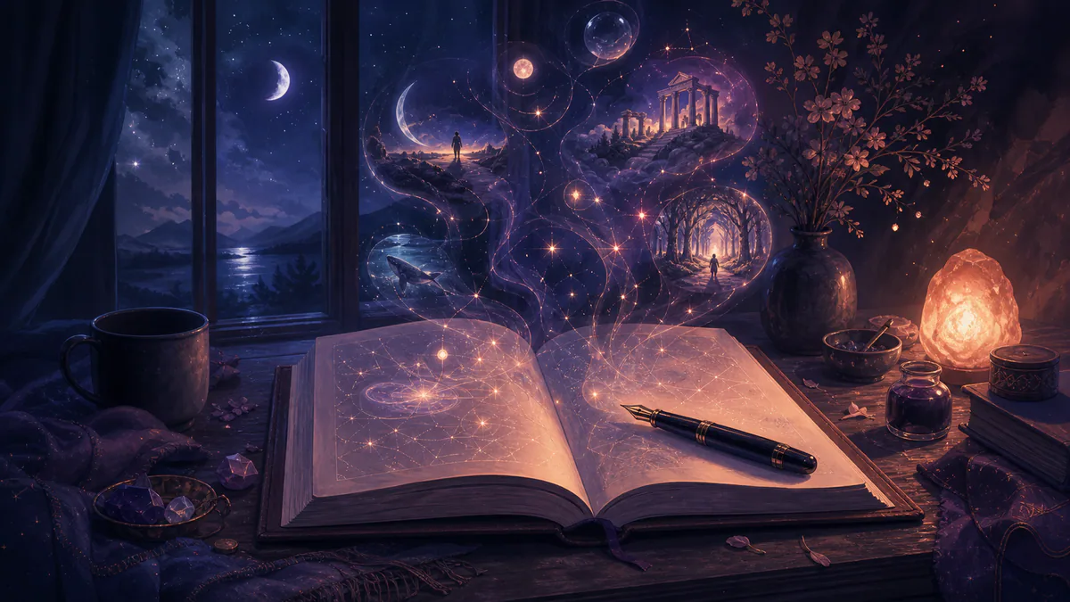 Dreamlike editorial illustration for Dream Journal: recall, methods & routines