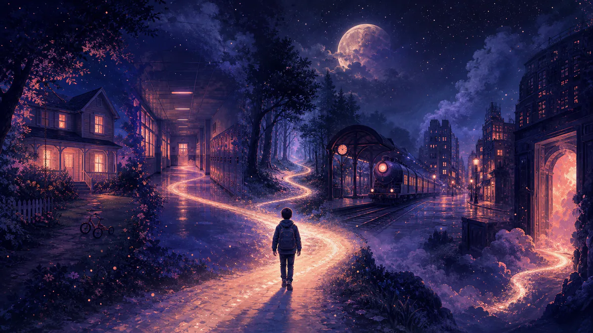 Dreamlike editorial illustration for Dream Locations: What Places in Dreams Mean