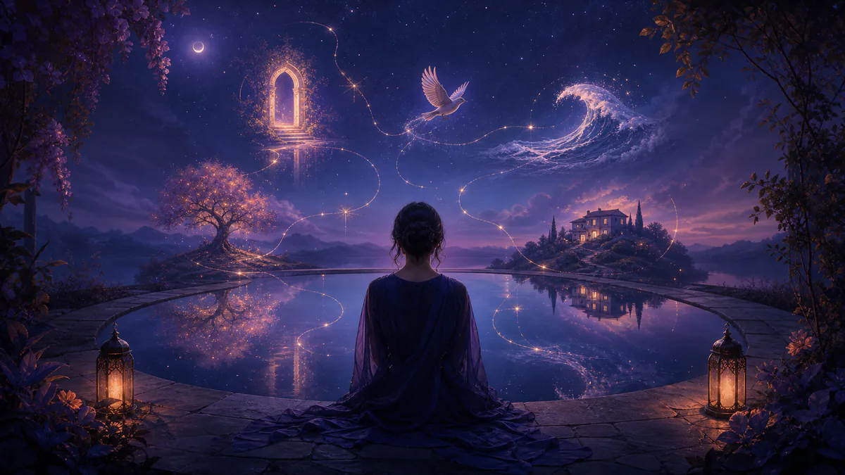 Dreamlike editorial illustration for Dream Meanings: interpretation & symbols
