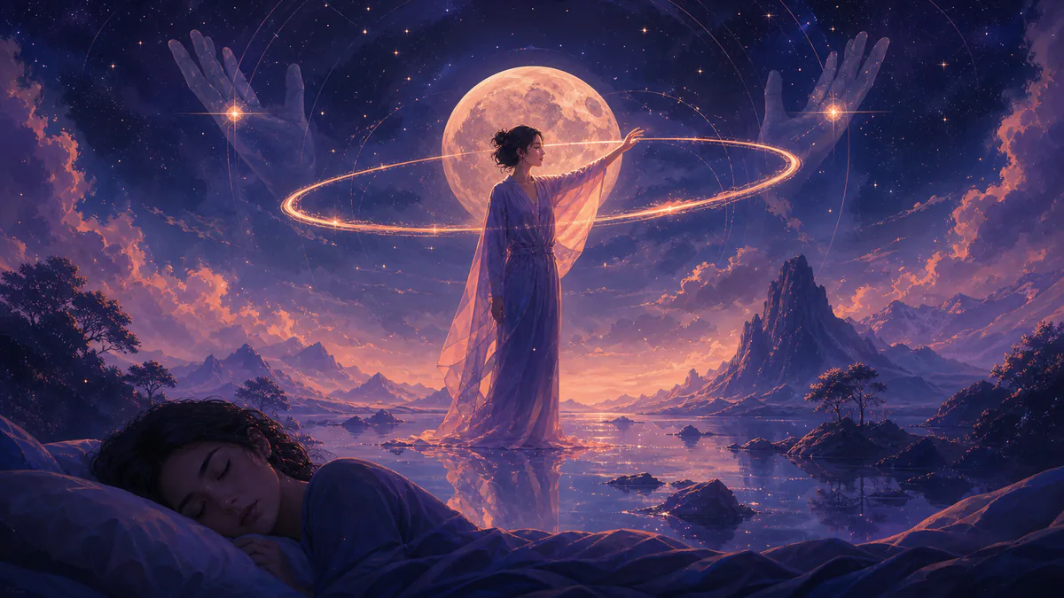 Dreamlike editorial illustration for Lucid Dreaming: guides & techniques