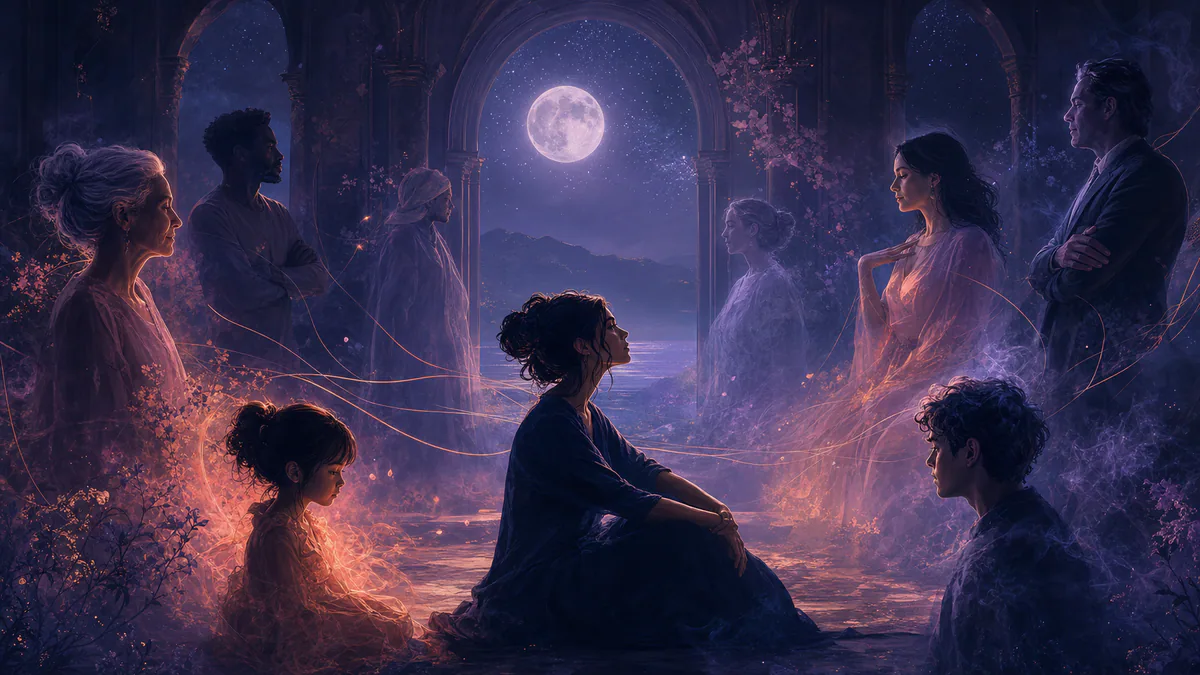 Dreamlike editorial illustration for People in Dreams: What They Represent & Their Meanings
