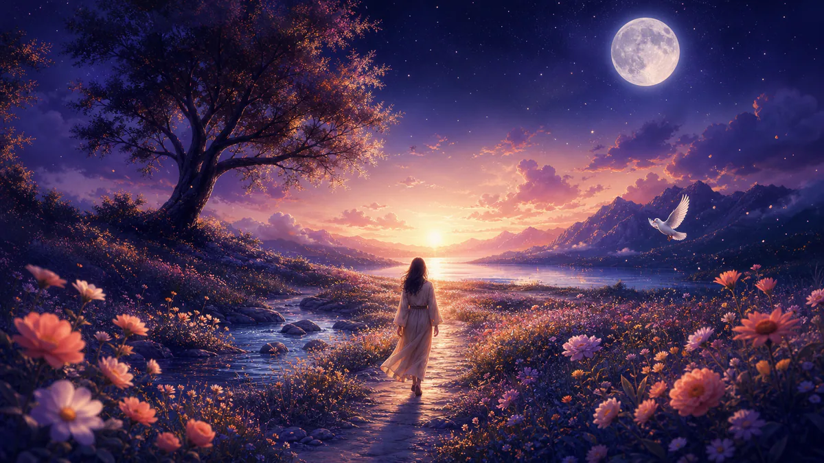 Dreamlike editorial illustration for Positive Dream Symbols: Uplifting Dreams & Their Meanings