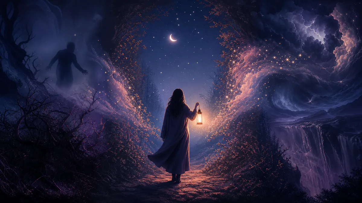 Dreamlike editorial illustration for Scary Dream Symbols Explained: What Nightmares Really Mean