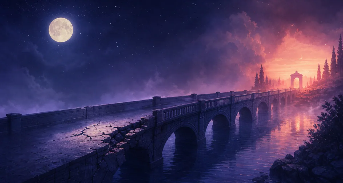 Night bridge over water with light on the other side, symbol of transition