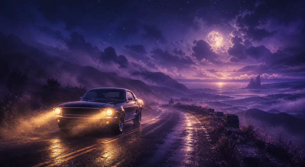 Dream car driving along a moonlit road