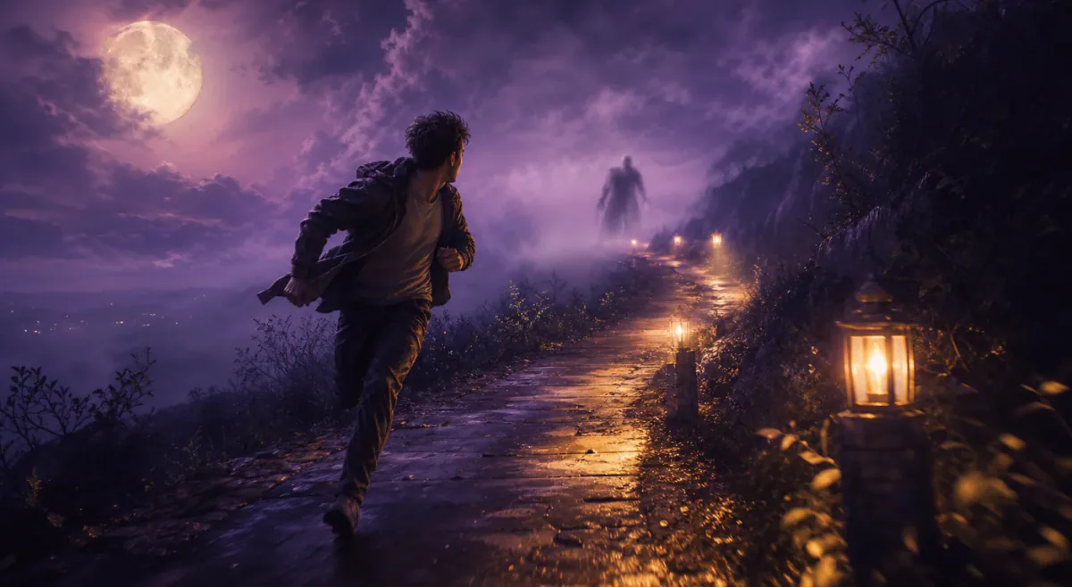 Person running along a moonlit path in a chase dream