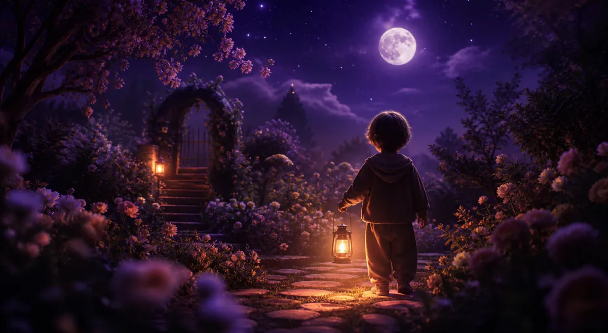 Child with a lantern in a moonlit dream garden