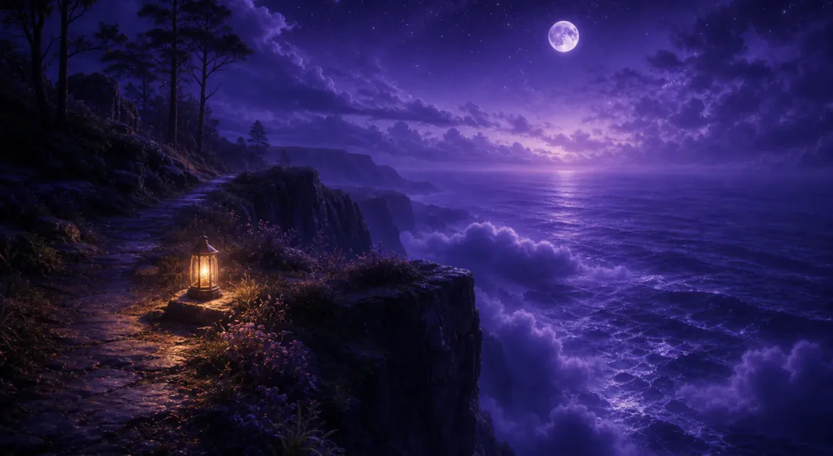 Moonlit cliff edge above a violet ocean with a small warm lantern