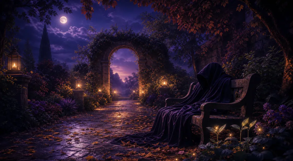 Moonlit garden arch with an empty dark cloak and warm lanterns