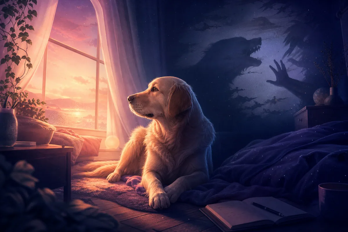 Dog in a dreamlike room between warm light and shadow, symbol of trust