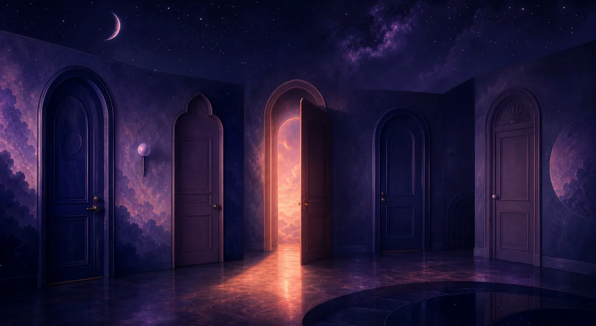Dreamlike door opening toward light, symbol of passage and choice