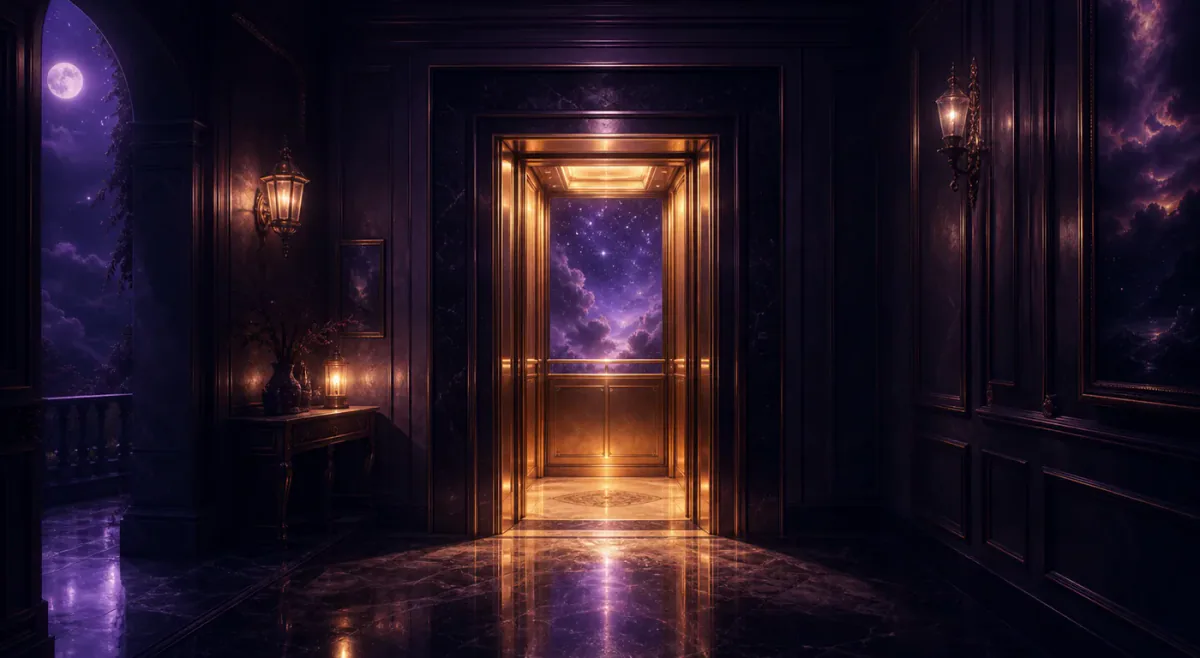 Open dreamlike elevator doors glowing in a moonlit corridor