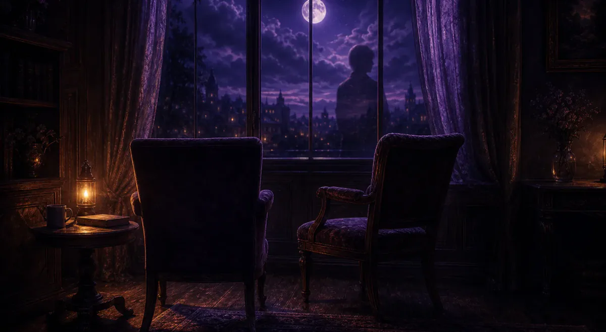 Two empty chairs by a moonlit window with a fading reflection