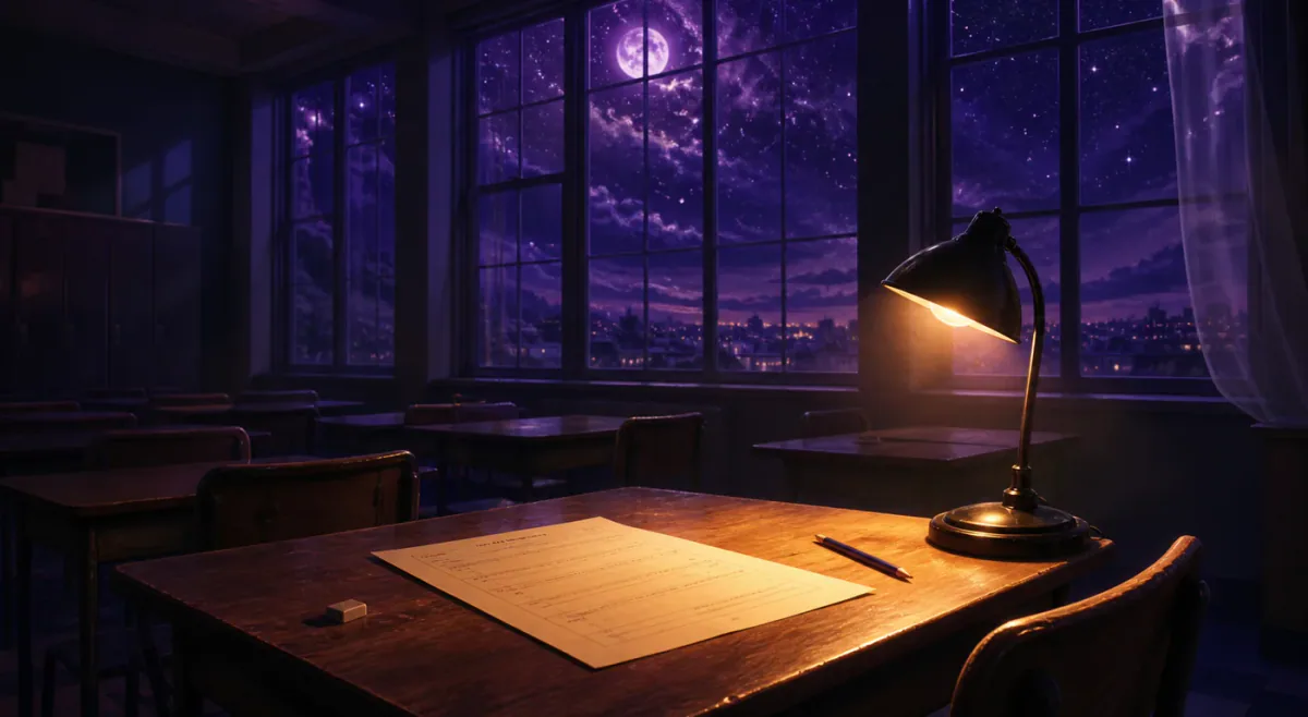 Exam paper on a moonlit classroom desk at night