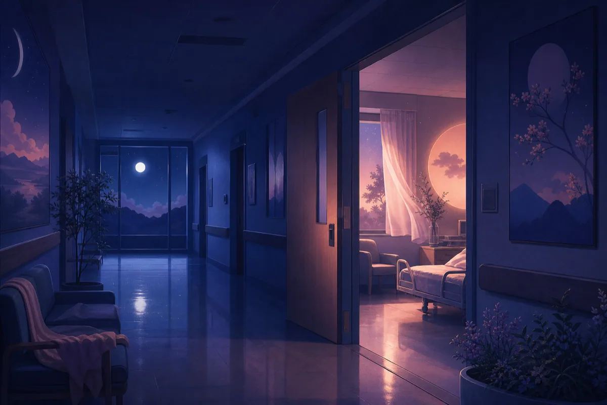 Dreamlike hospital corridor with soft light, symbol of care and vulnerability