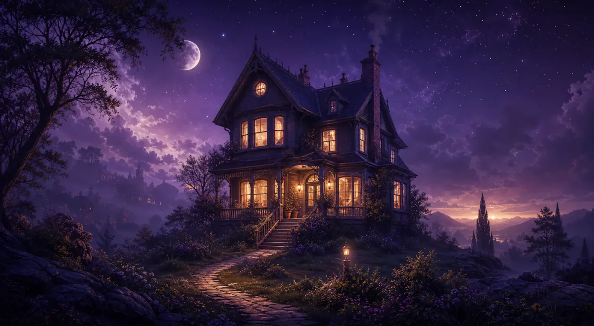 Dreamlike house glowing at night under a starry sky