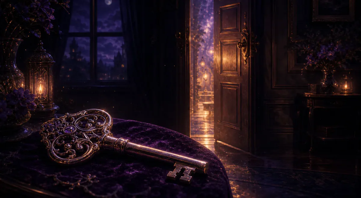 Antique key glowing beside a half-open moonlit door