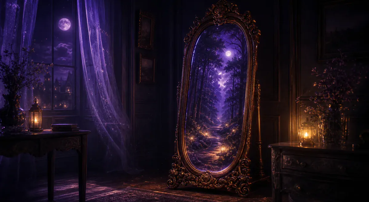 Ornate mirror reflecting a starry violet forest in a moonlit room