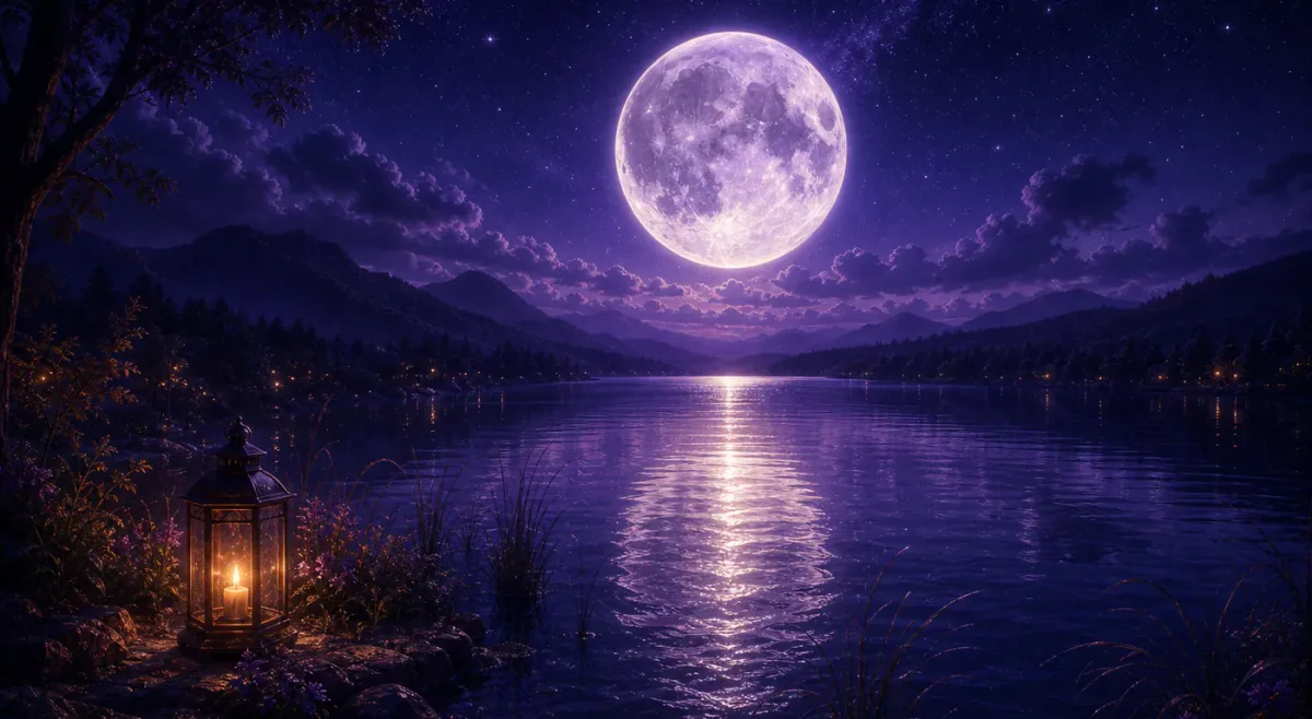 Enormous full moon over a quiet violet lake with a warm shore lantern
