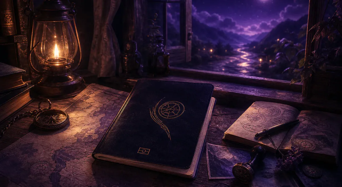 Dreamlike travel booklet on a moonlit desk near a glowing window