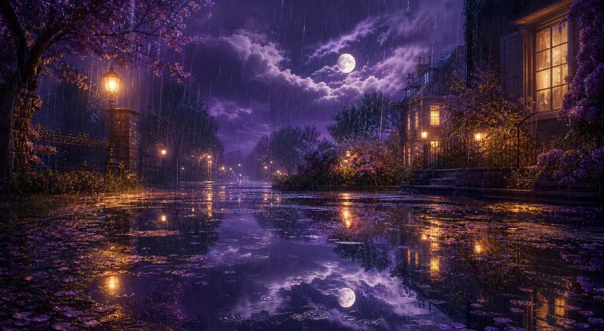 Rain falling on a moonlit street with warm reflections