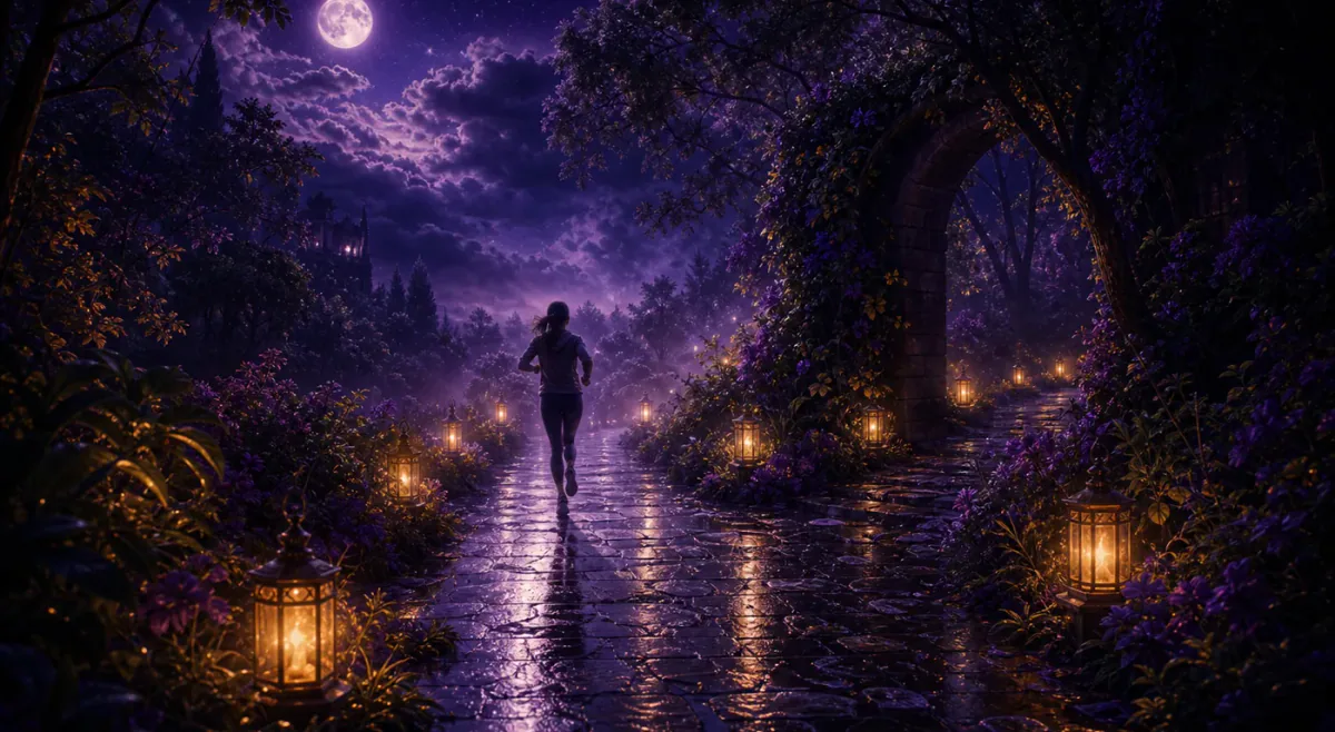 Lone figure running on a moonlit garden path after rain