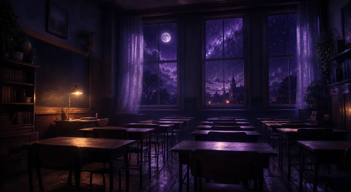 Moonlit empty classroom with desks and warm lamplight in a dream