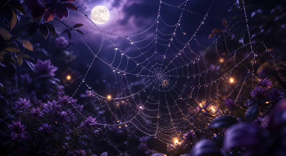 Moonlit spider web with dew in a violet night garden
