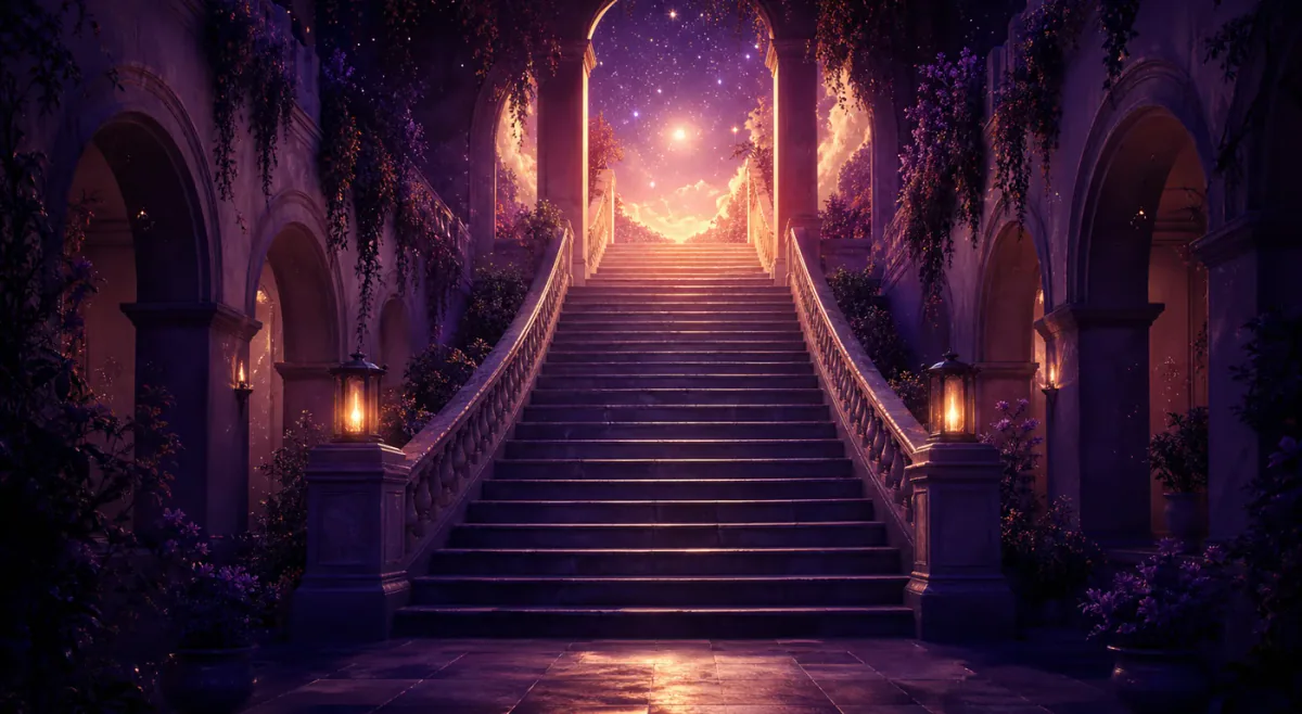 Staircase rising toward warm light in a dream courtyard