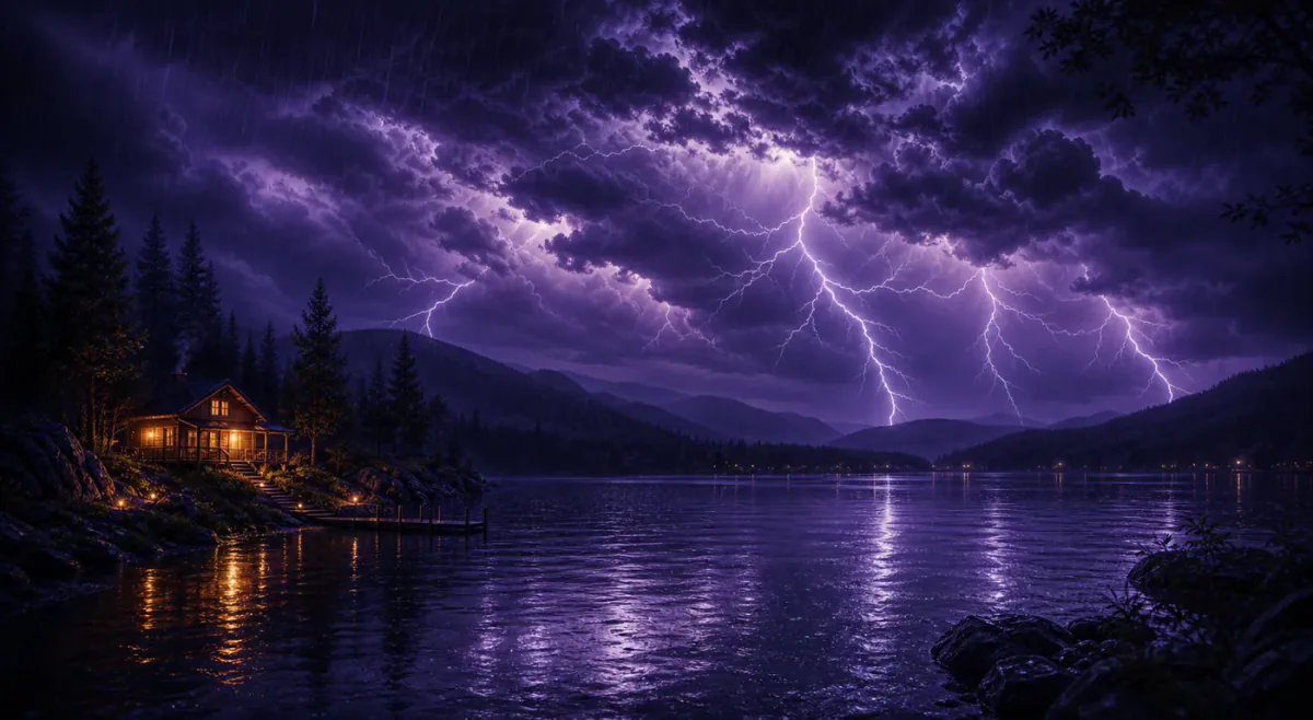 Violet night storm over a lake with lightning and a warm cabin light