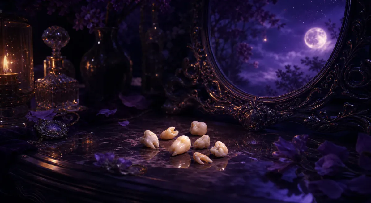 Ivory teeth like fallen pearls on a moonlit vanity table