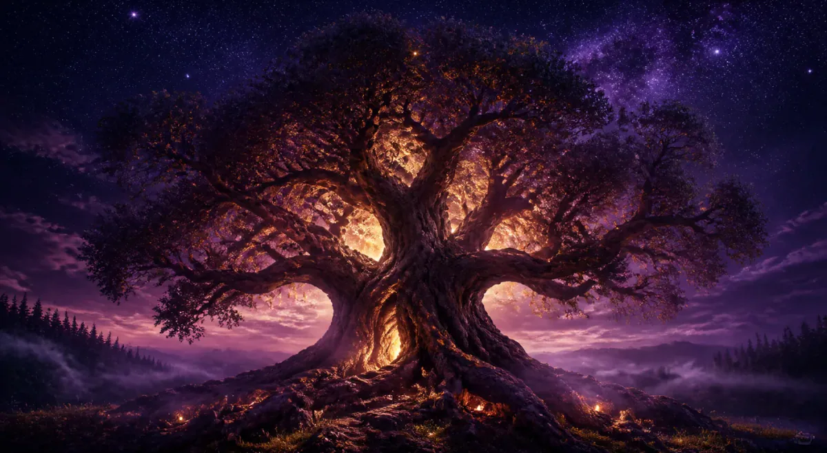 Ancient glowing tree under a starry night sky